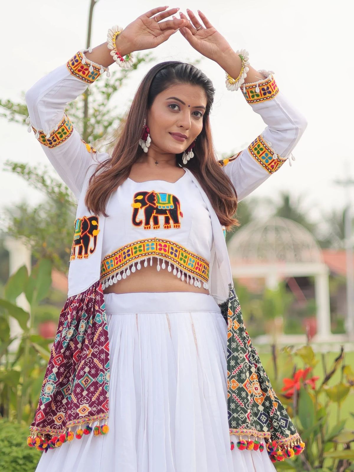 Terrific White Cotton Gamthi Work Navratri Special Lehenga Choli With Jacket