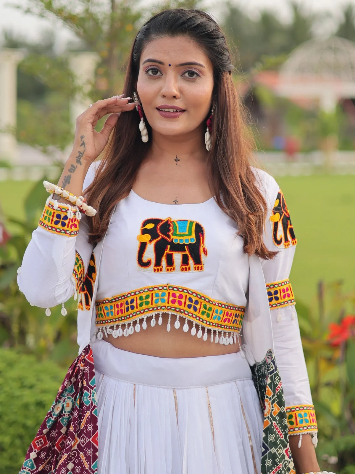 Terrific White Cotton Gamthi Work Navratri Special Lehenga Choli With Jacket
