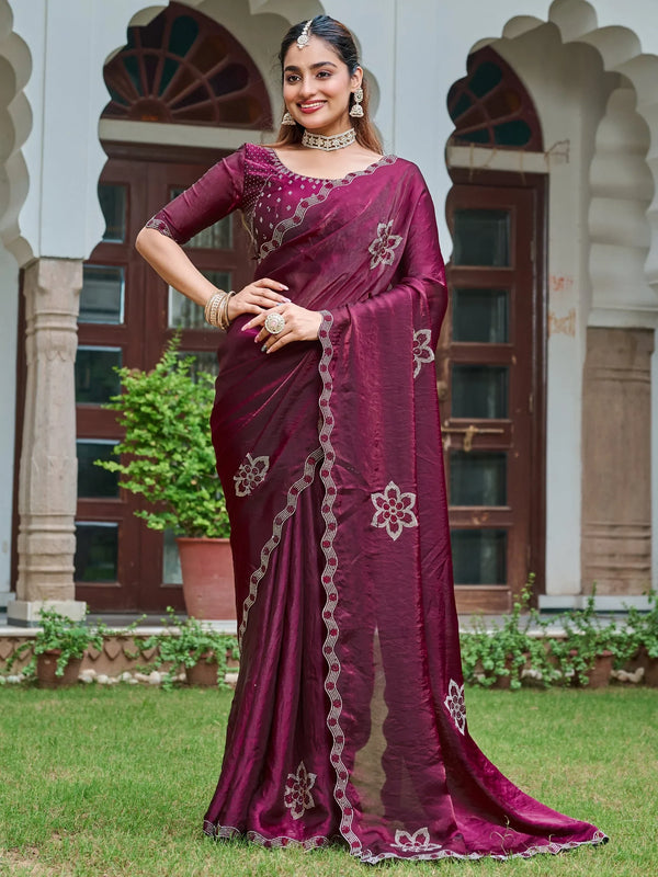 Terrific Wine Diamond Work Silk Wedding Wear Saree With Blouse - Zeel Clothing
