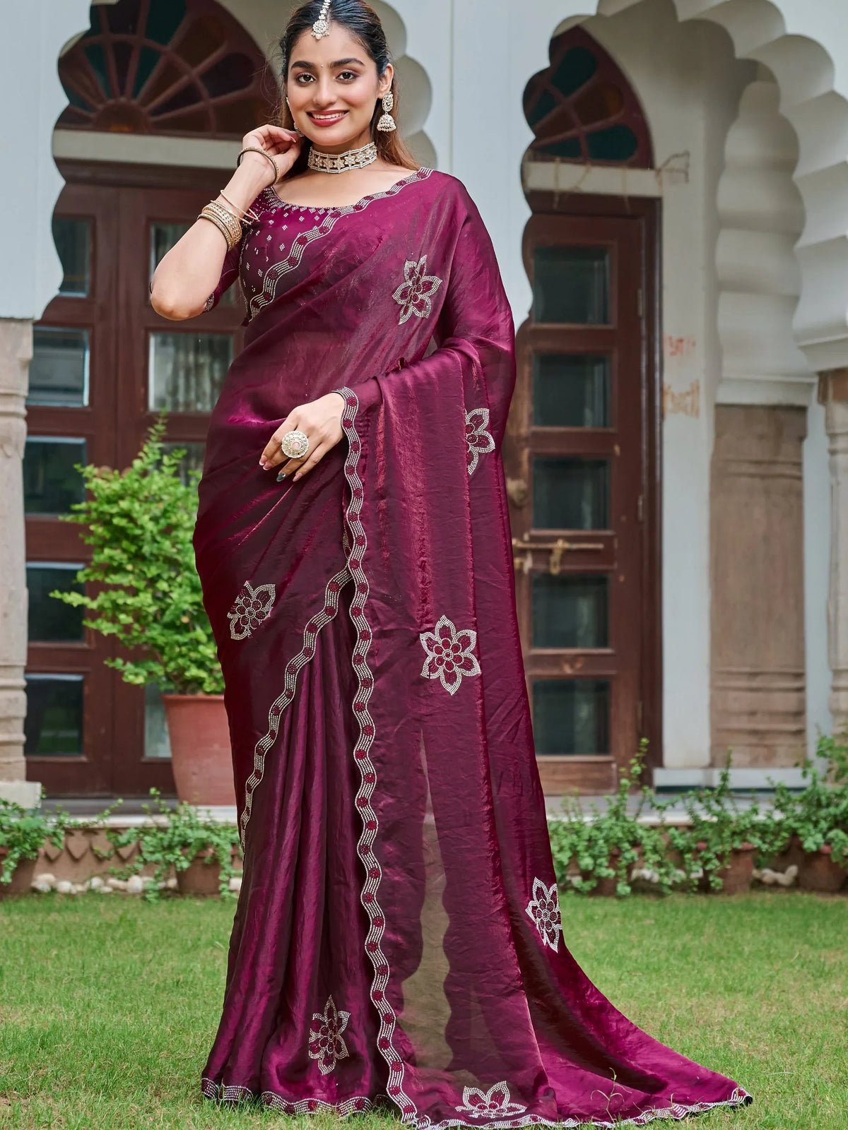 Terrific Wine Diamond Work Silk Wedding Wear Saree With Blouse - Zeel Clothing
