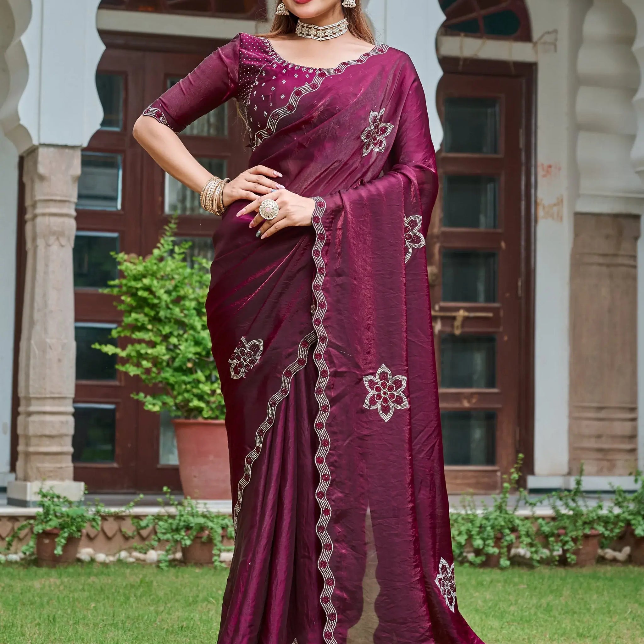 Terrific Wine Diamond Work Silk Wedding Wear Saree With Blouse - Zeel Clothing
