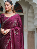 Terrific Wine Diamond Work Silk Wedding Wear Saree With Blouse - Zeel Clothing