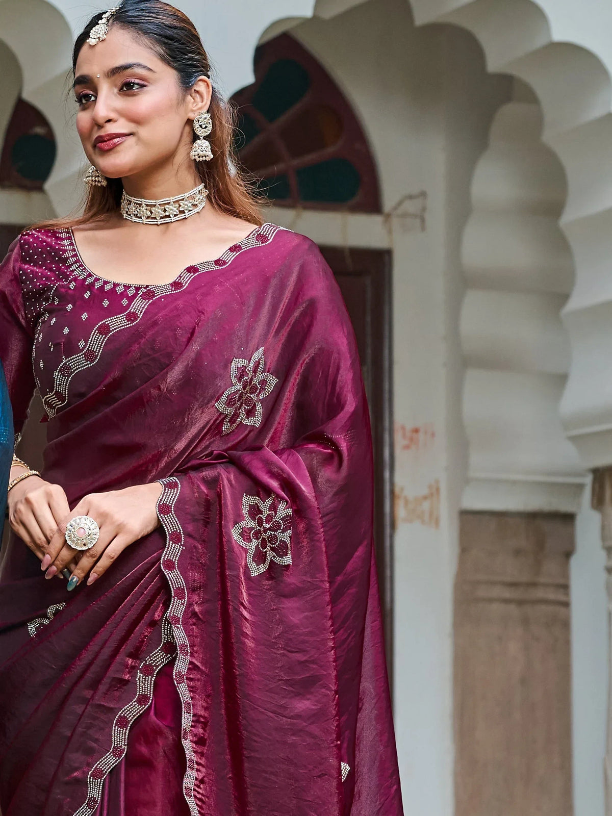 Terrific Wine Diamond Work Silk Wedding Wear Saree With Blouse - Zeel Clothing