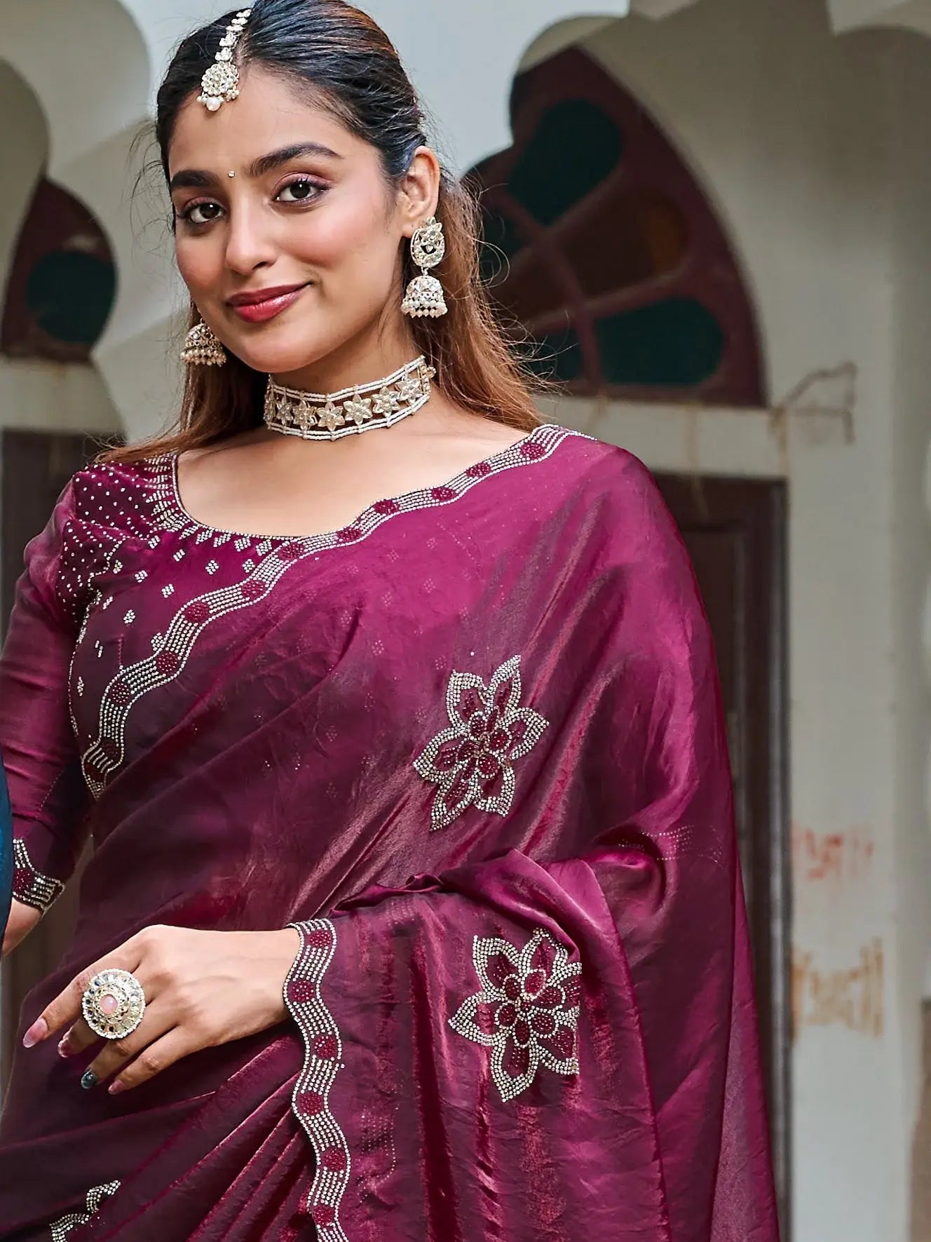 Terrific Wine Diamond Work Silk Wedding Wear Saree With Blouse - Zeel Clothing