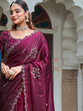 Terrific Wine Diamond Work Silk Wedding Wear Saree With Blouse - Zeel Clothing