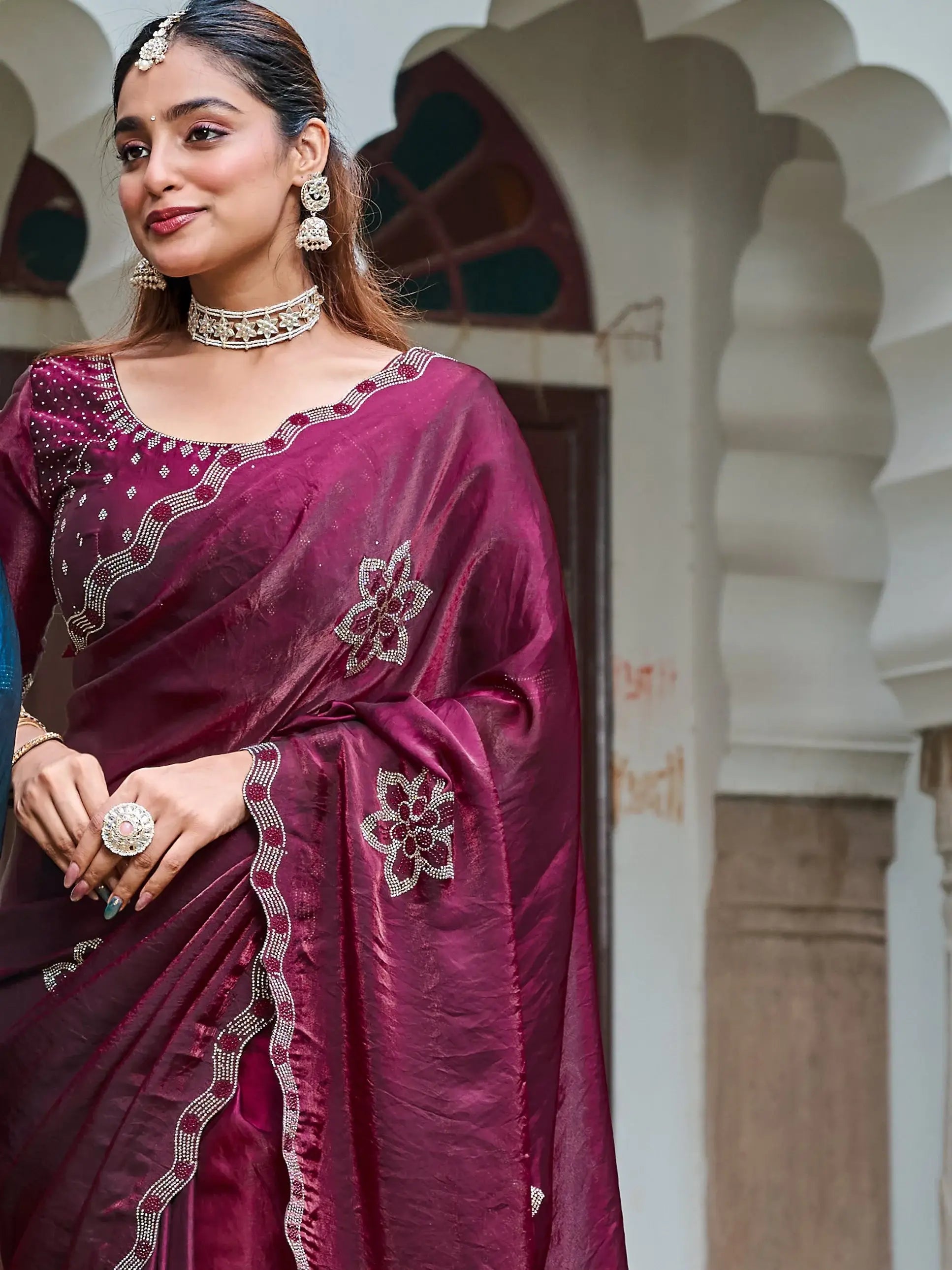 Terrific Wine Diamond Work Silk Wedding Wear Saree With Blouse - Zeel Clothing