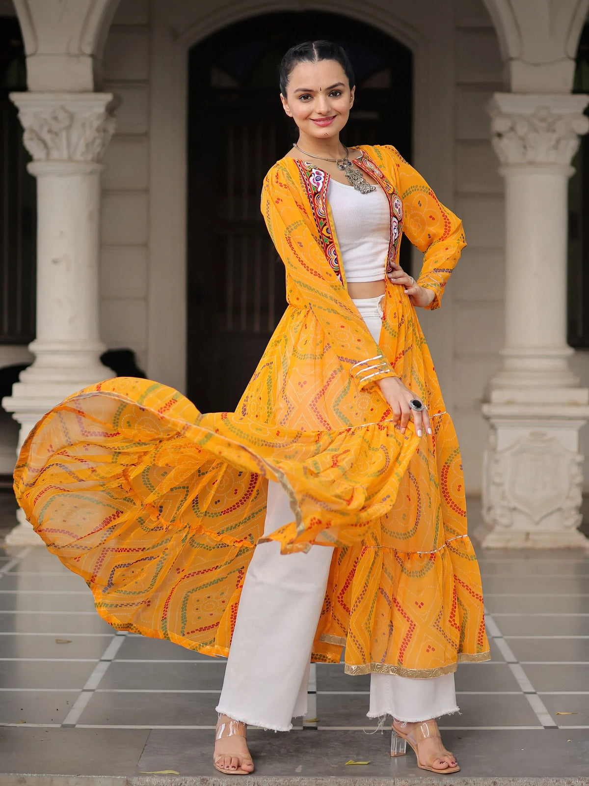 Terrific Yellow Kutchi Patch Work Georgette Navratri Wear Long Shrug