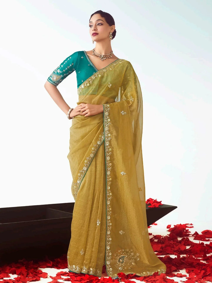 Terrific Yellow Sequins Embroidered Organza Haldi Wear Saree With Blouse - Zeel Clothing