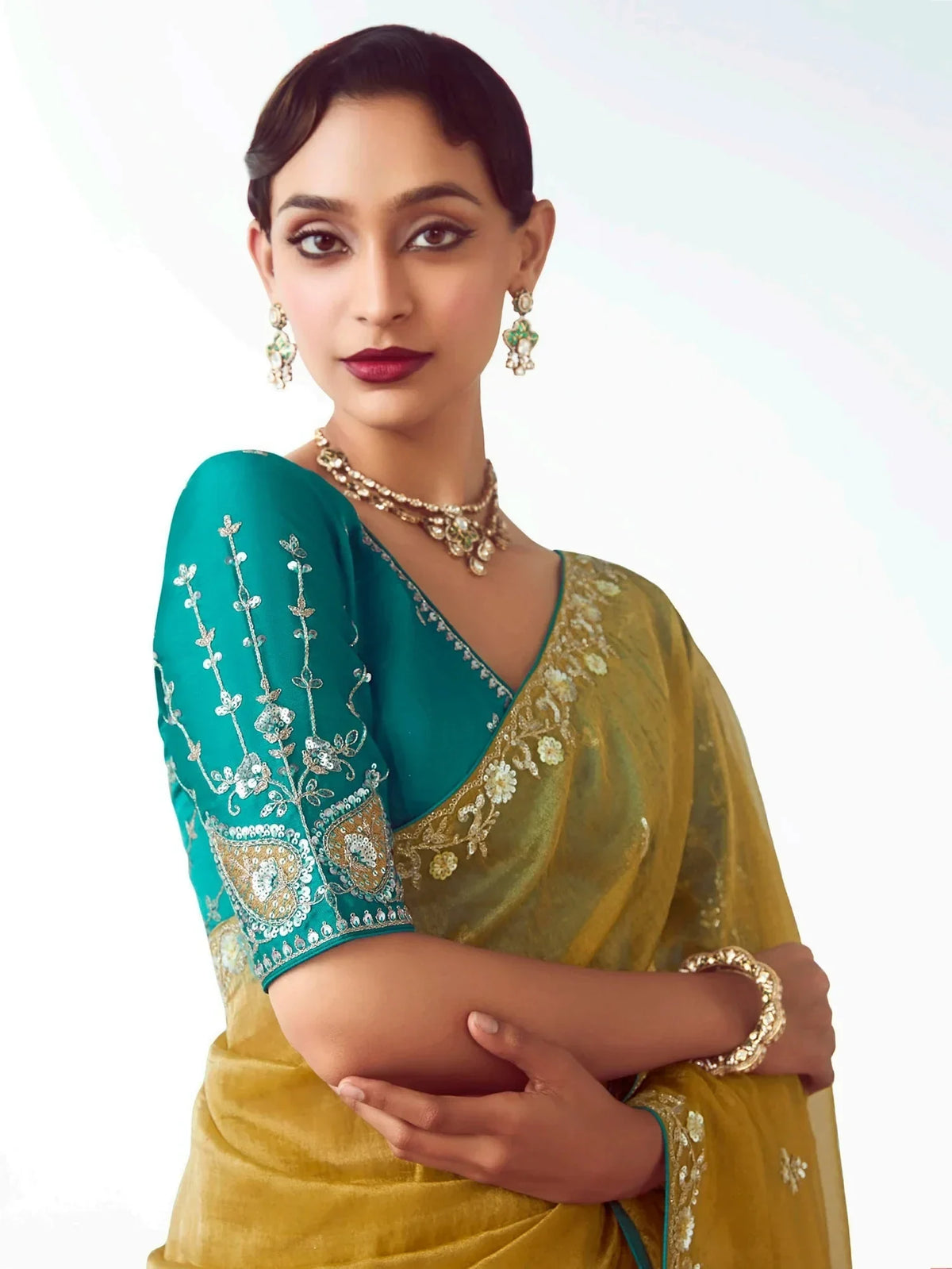 Terrific Yellow Sequins Embroidered Organza Haldi Wear Saree With Blouse - Zeel Clothing
