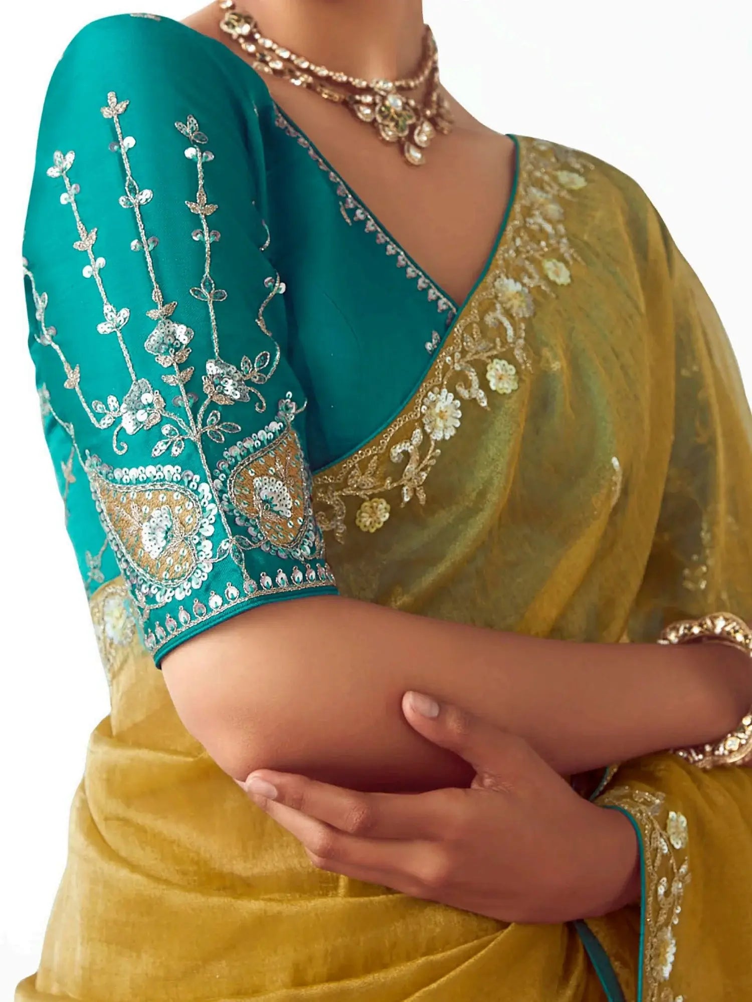Terrific Yellow Sequins Embroidered Organza Haldi Wear Saree With Blouse - Zeel Clothing