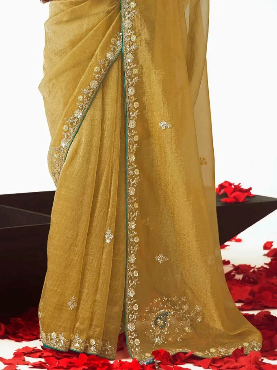 Terrific Yellow Sequins Embroidered Organza Haldi Wear Saree With Blouse - Zeel Clothing