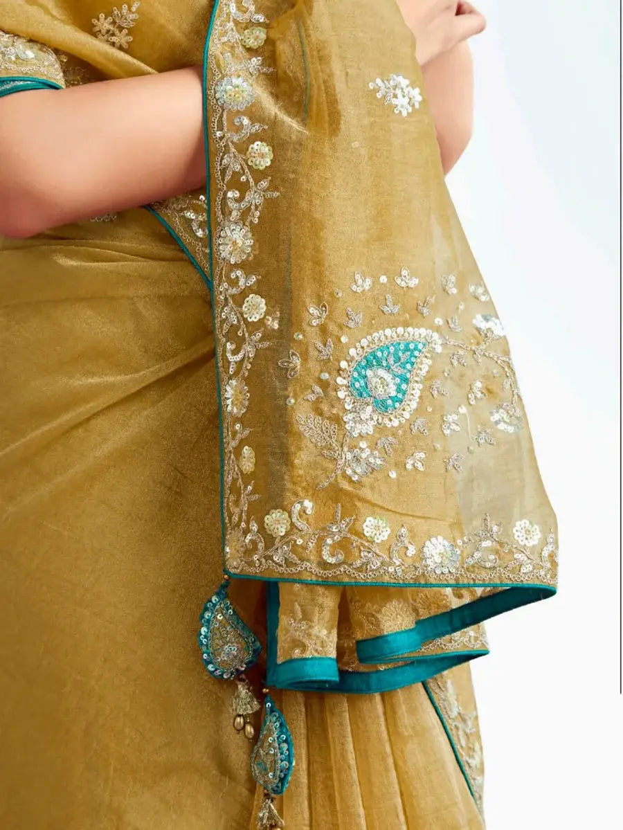 Terrific Yellow Sequins Embroidered Organza Haldi Wear Saree With Blouse - Zeel Clothing