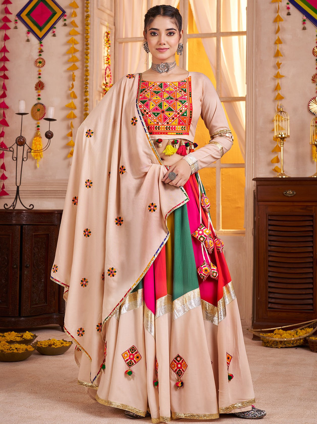 Timeless Beige Mirror Work Cotton Festive Wear Lehenga Choli With Dupatta - Zeel Clothing