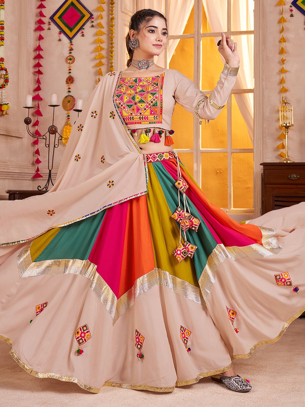 Timeless Beige Mirror Work Cotton Festive Wear Lehenga Choli With Dupatta - Zeel Clothing