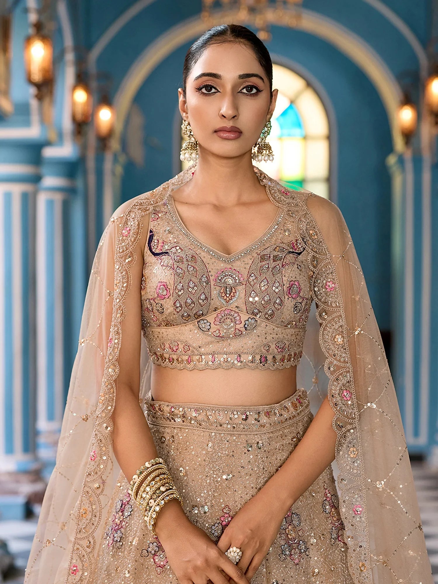 Timeless Beige Net Floral Embroidered Bridesmaid Lehenga With Blouse