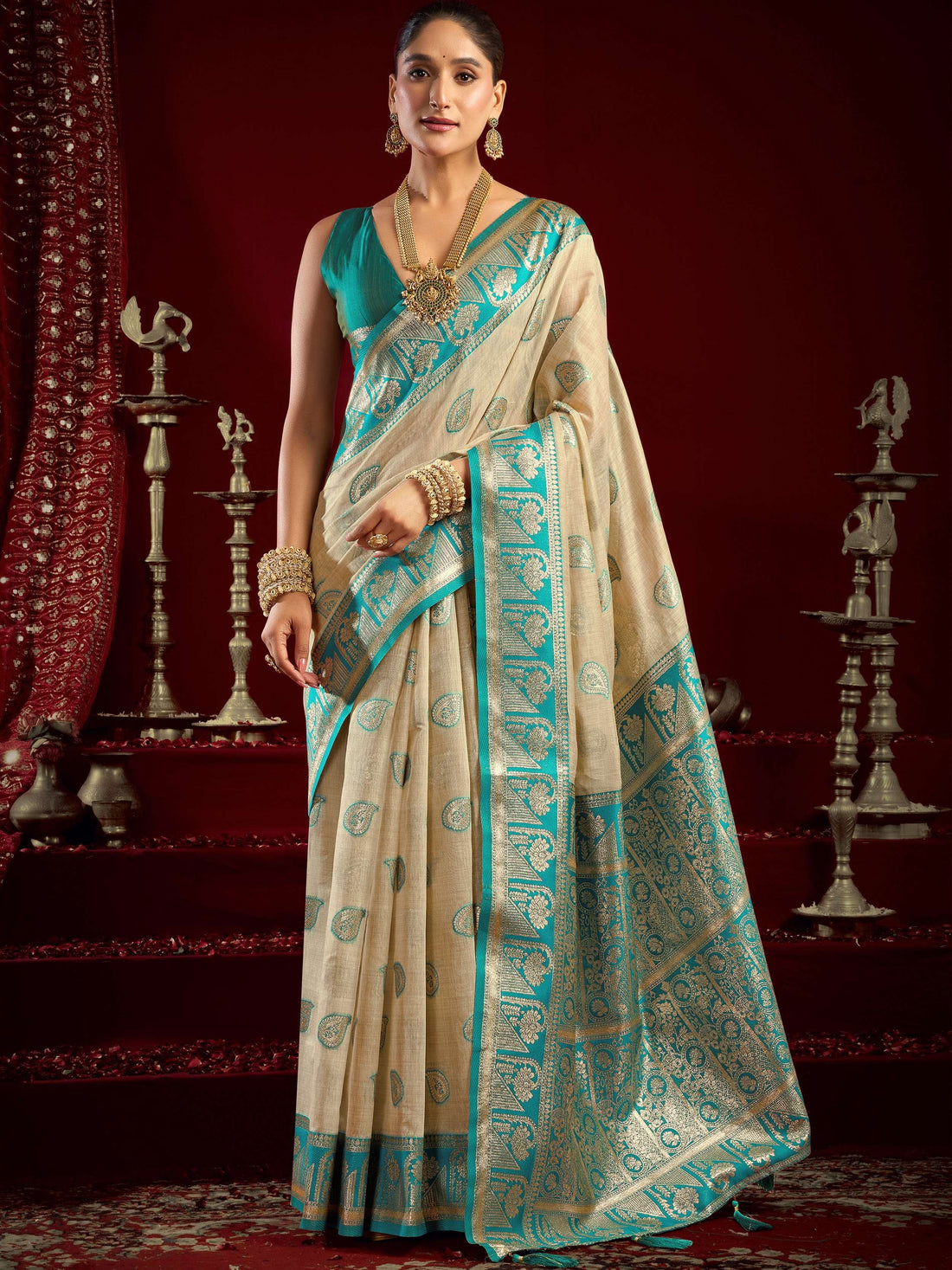 Timeless Beige Zari Weaving Banarasi Silk Festive Wear Saree With Blouse