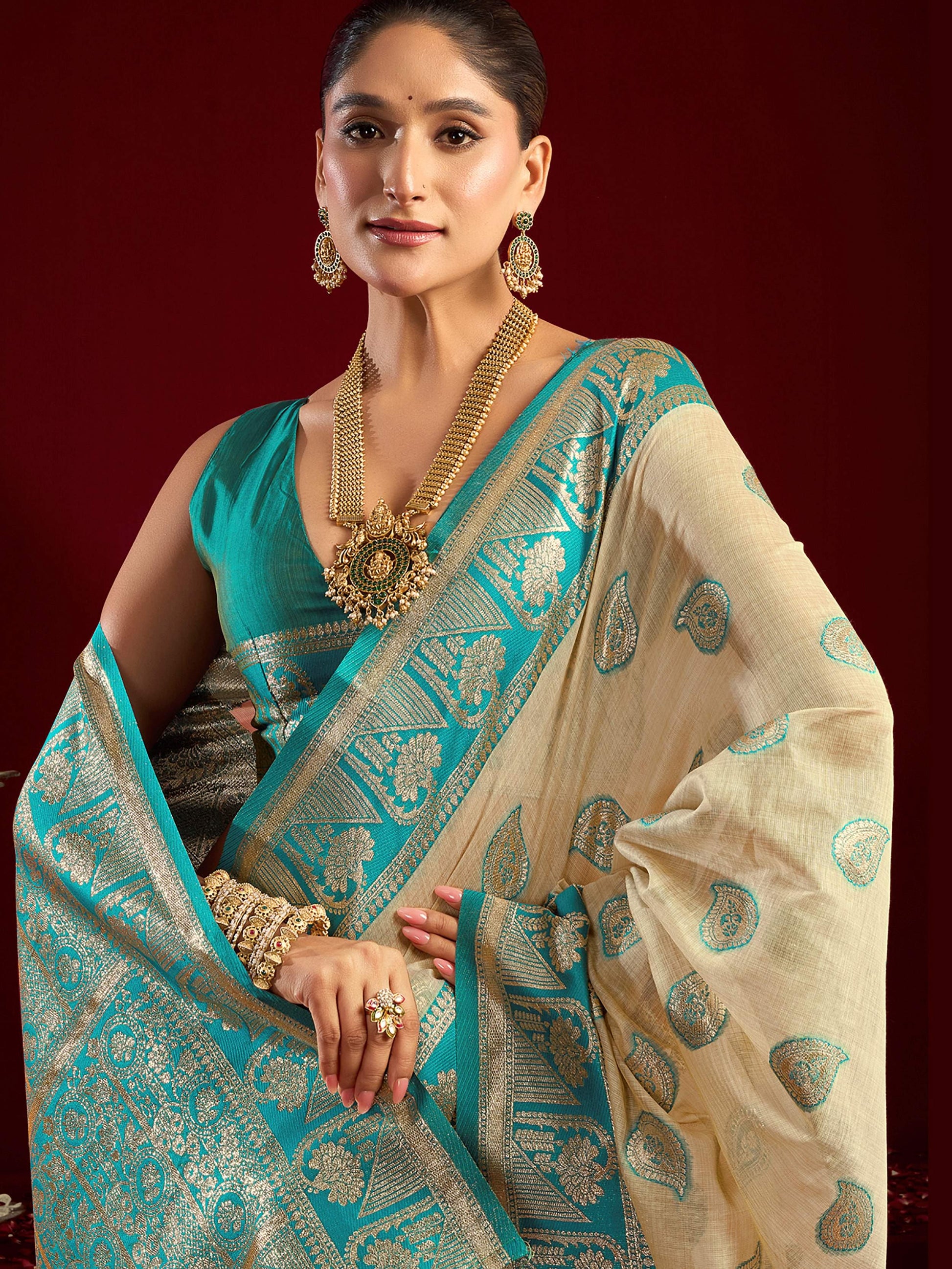 Timeless Beige Zari Weaving Banarasi Silk Festive Wear Saree With Blouse