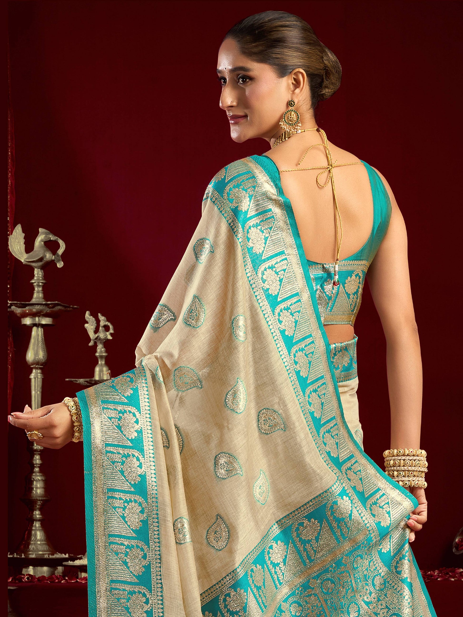 Timeless Beige Zari Weaving Banarasi Silk Festive Wear Saree With Blouse