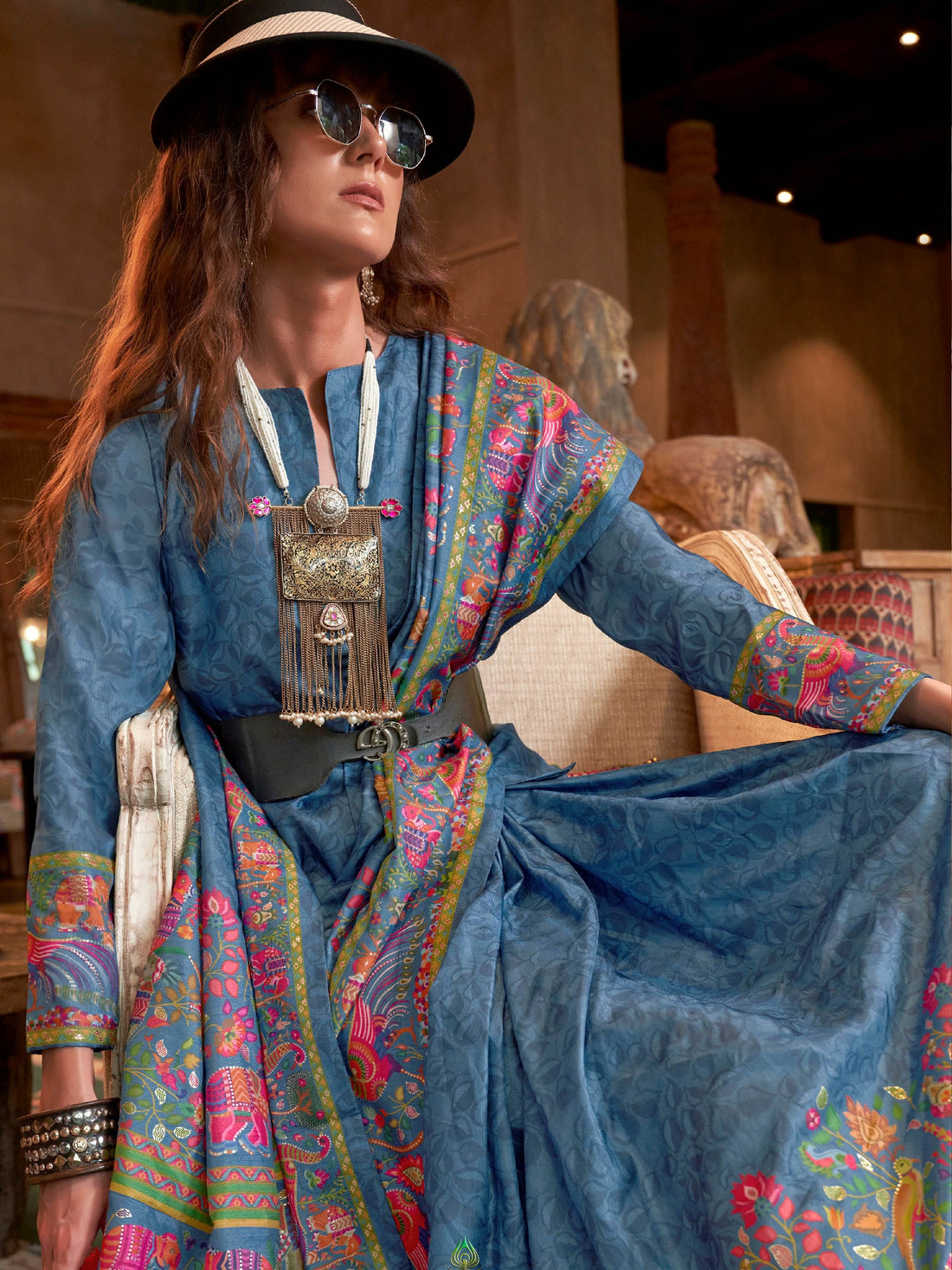 Timeless Blue Digital Printed Silk Festive Wear Saree With Blouse