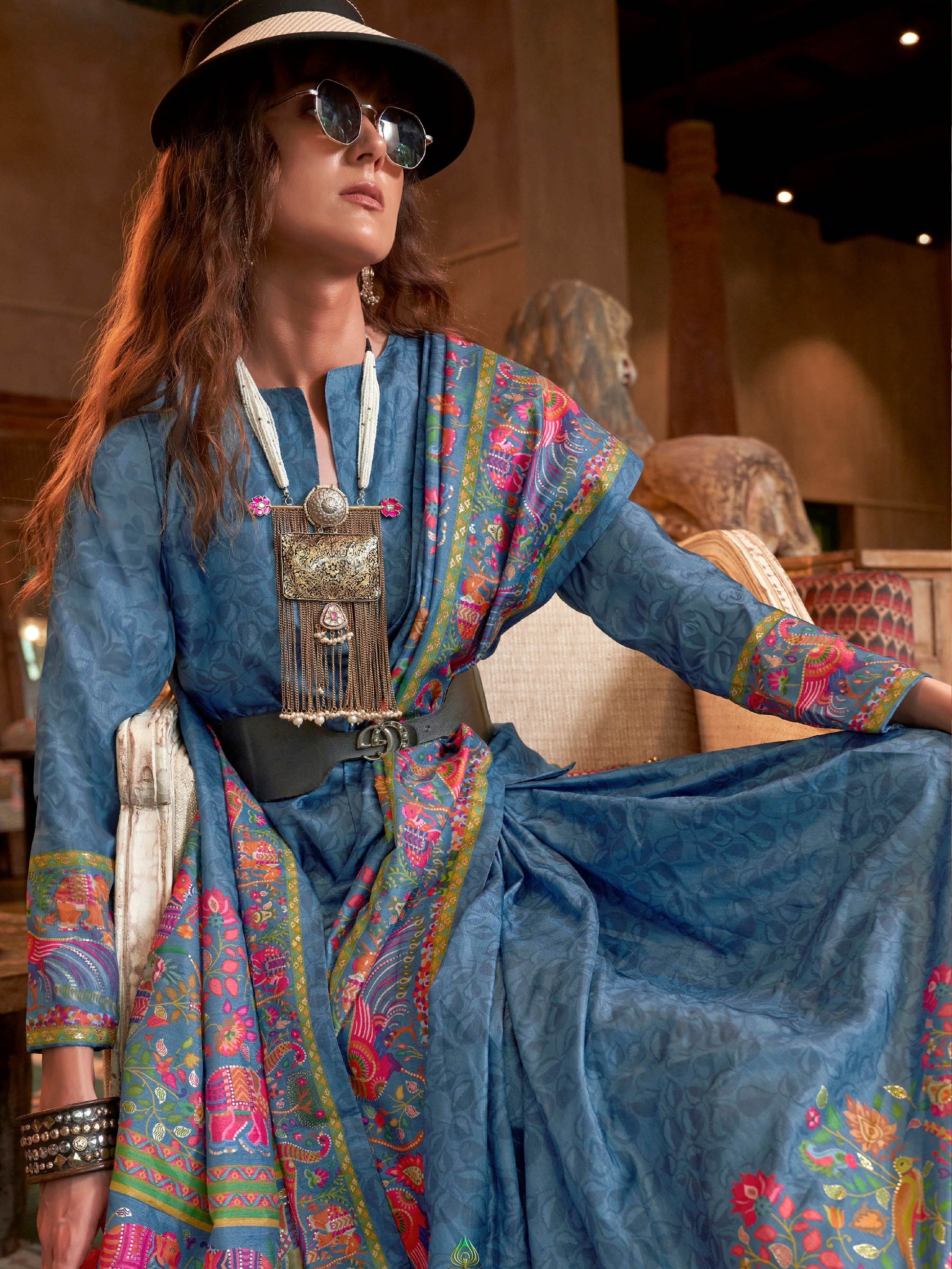 Timeless Blue Digital Printed Silk Festive Wear Saree With Blouse
