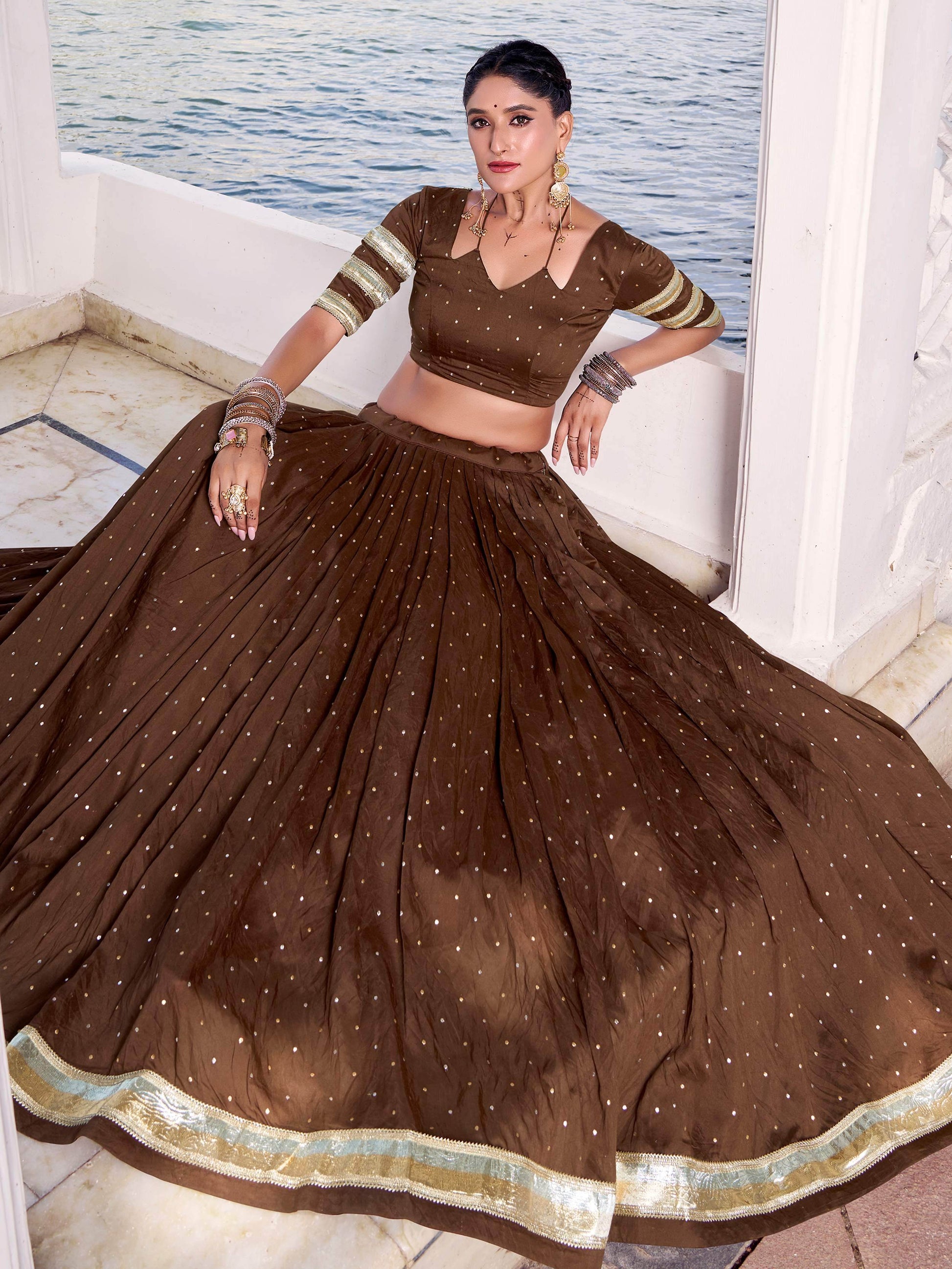 Timeless Brown Zari Weaving Chanderi Silk Navratri Wear Lehenga Choli - Zeel Clothing