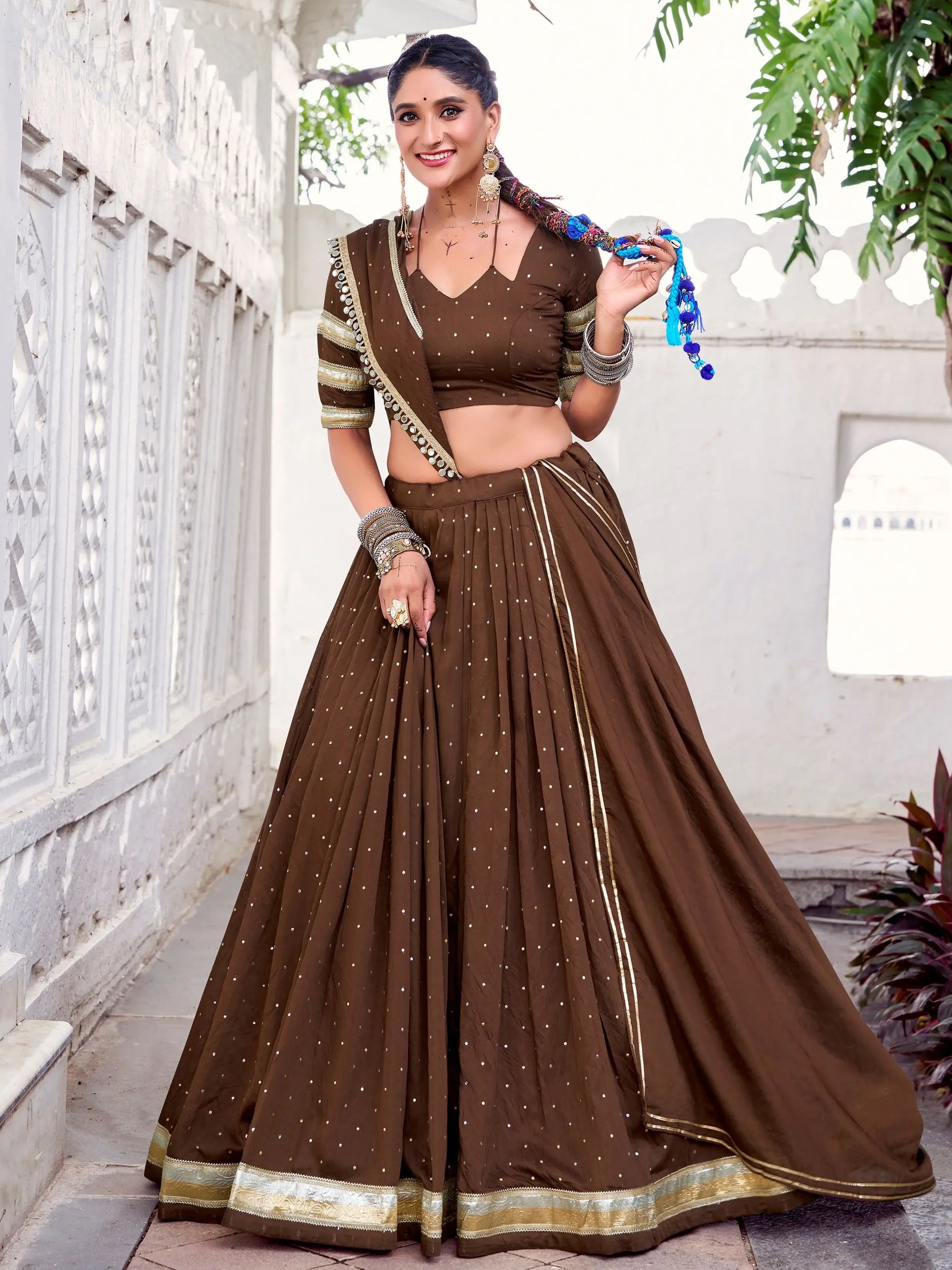Timeless Brown Zari Weaving Chanderi Silk Navratri Wear Lehenga Choli - Zeel Clothing