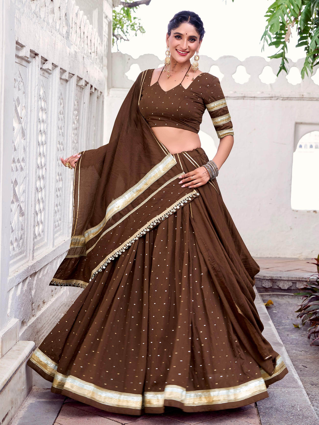 Timeless Brown Zari Weaving Chanderi Silk Navratri Wear Lehenga Choli - Zeel Clothing