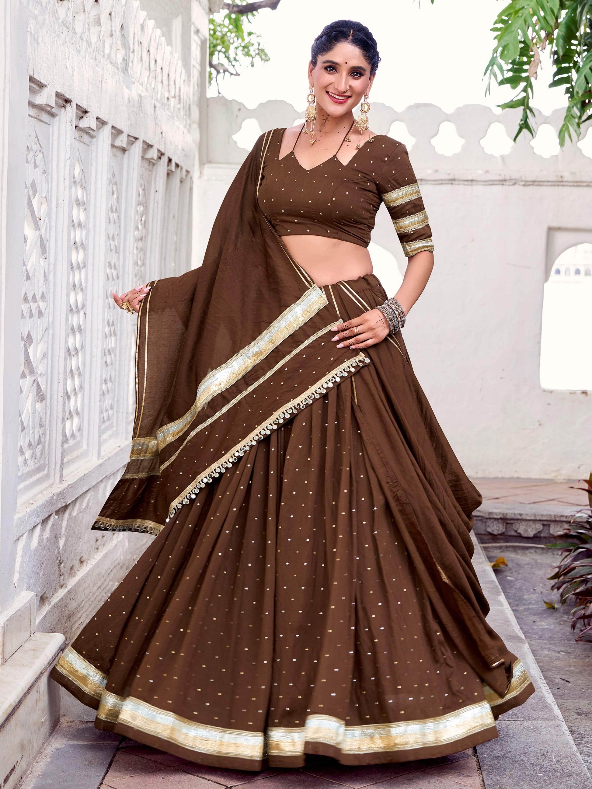 Timeless Brown Zari Weaving Chanderi Silk Navratri Wear Lehenga Choli - Zeel Clothing