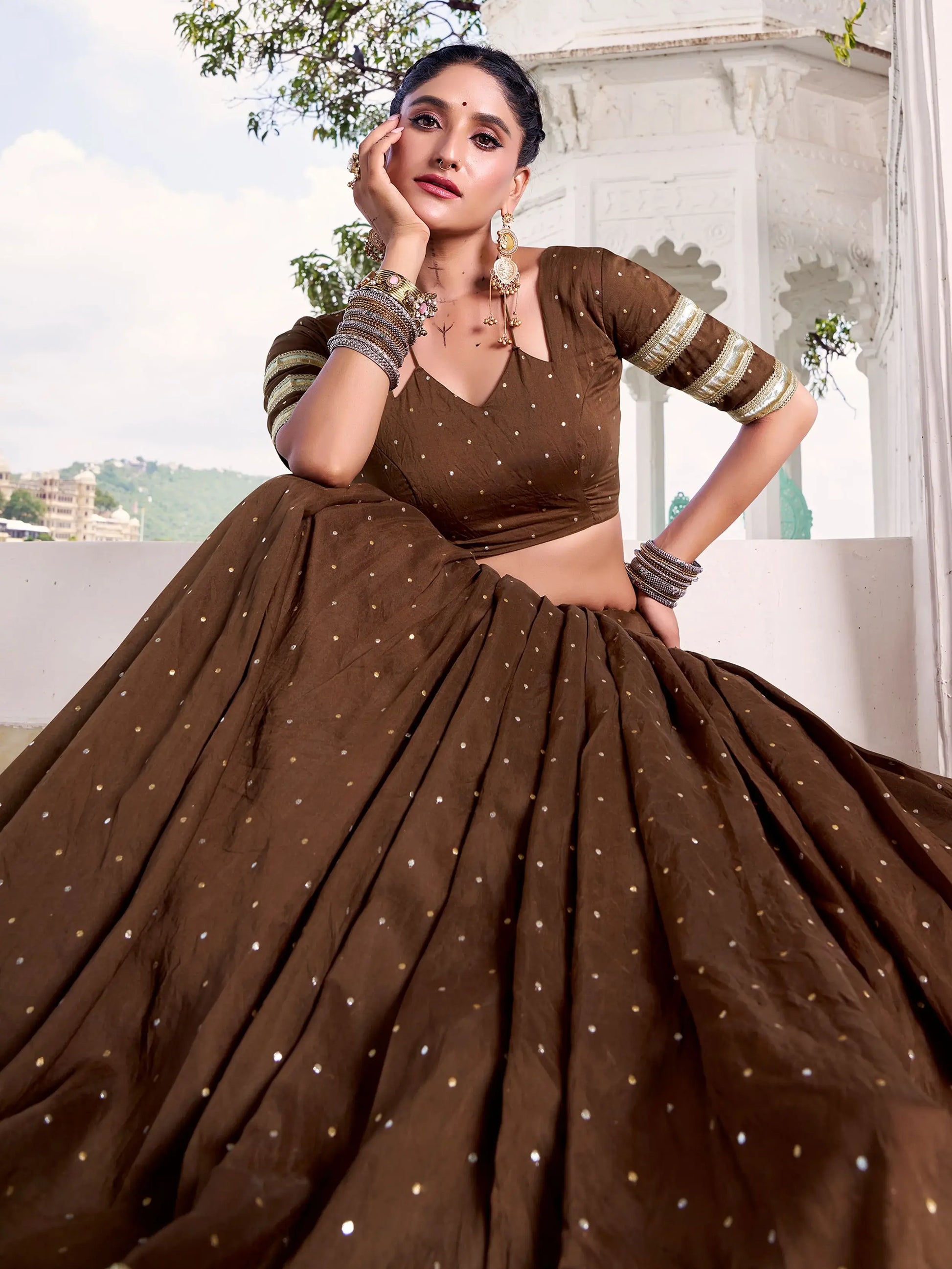 Timeless Brown Zari Weaving Chanderi Silk Navratri Wear Lehenga Choli - Zeel Clothing