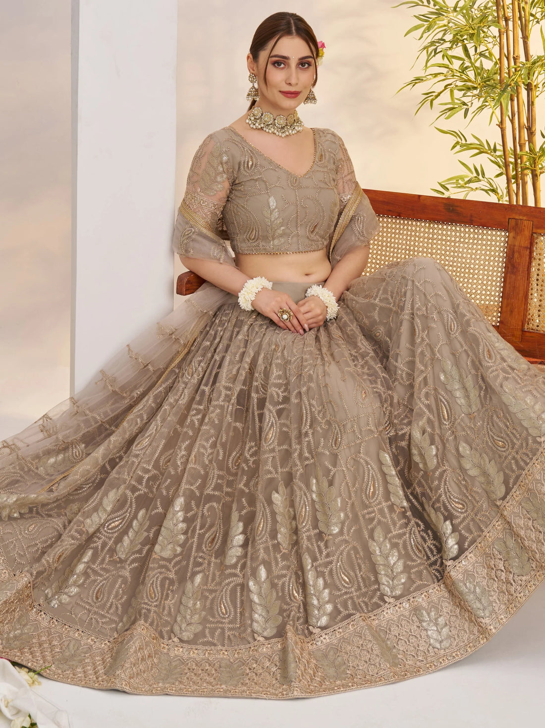 Timeless Gray Thread Work Net Bridesmaid Lehenga Choli With Dupatta