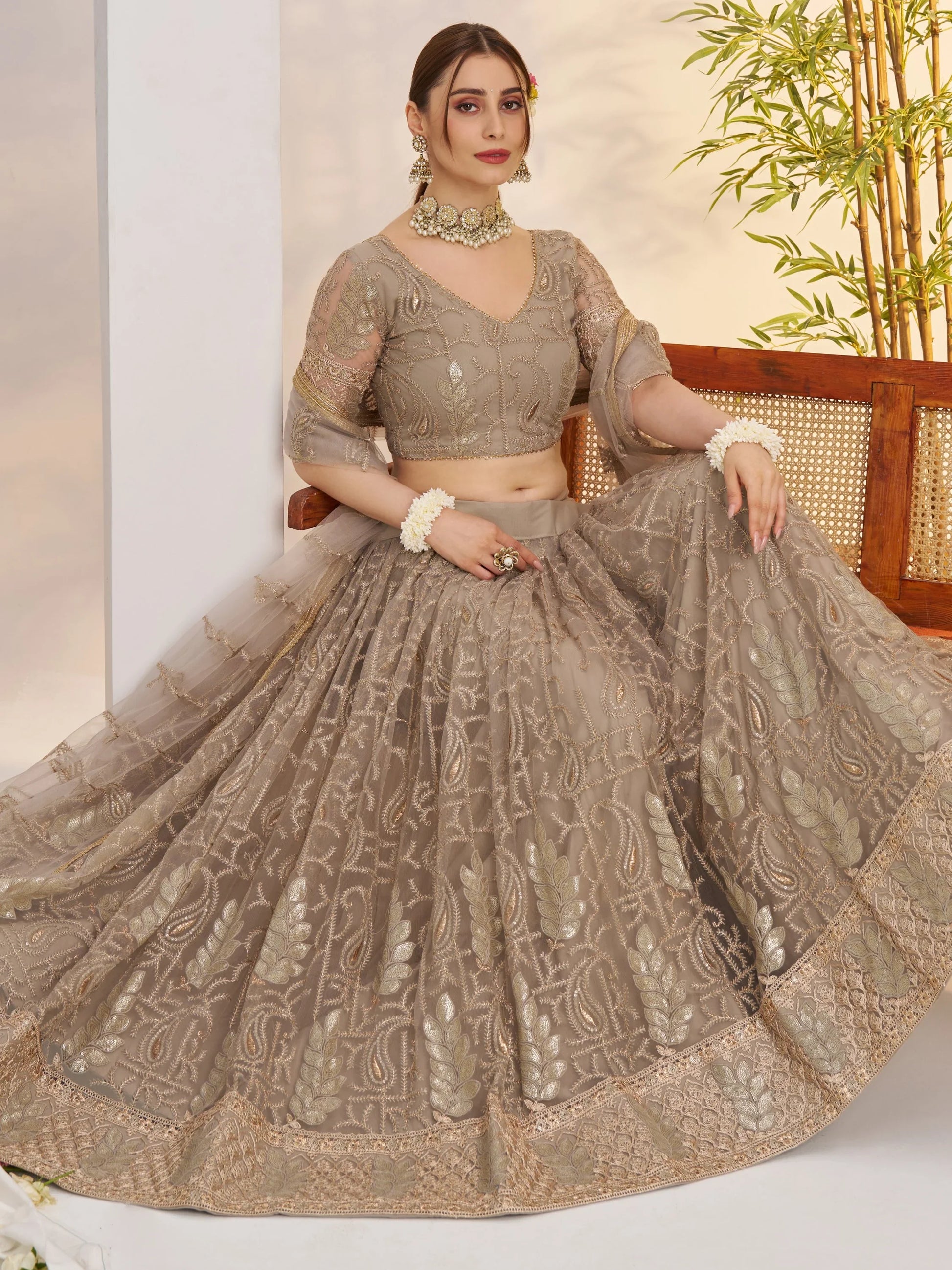 Timeless Gray Thread Work Net Bridesmaid Lehenga Choli With Dupatta