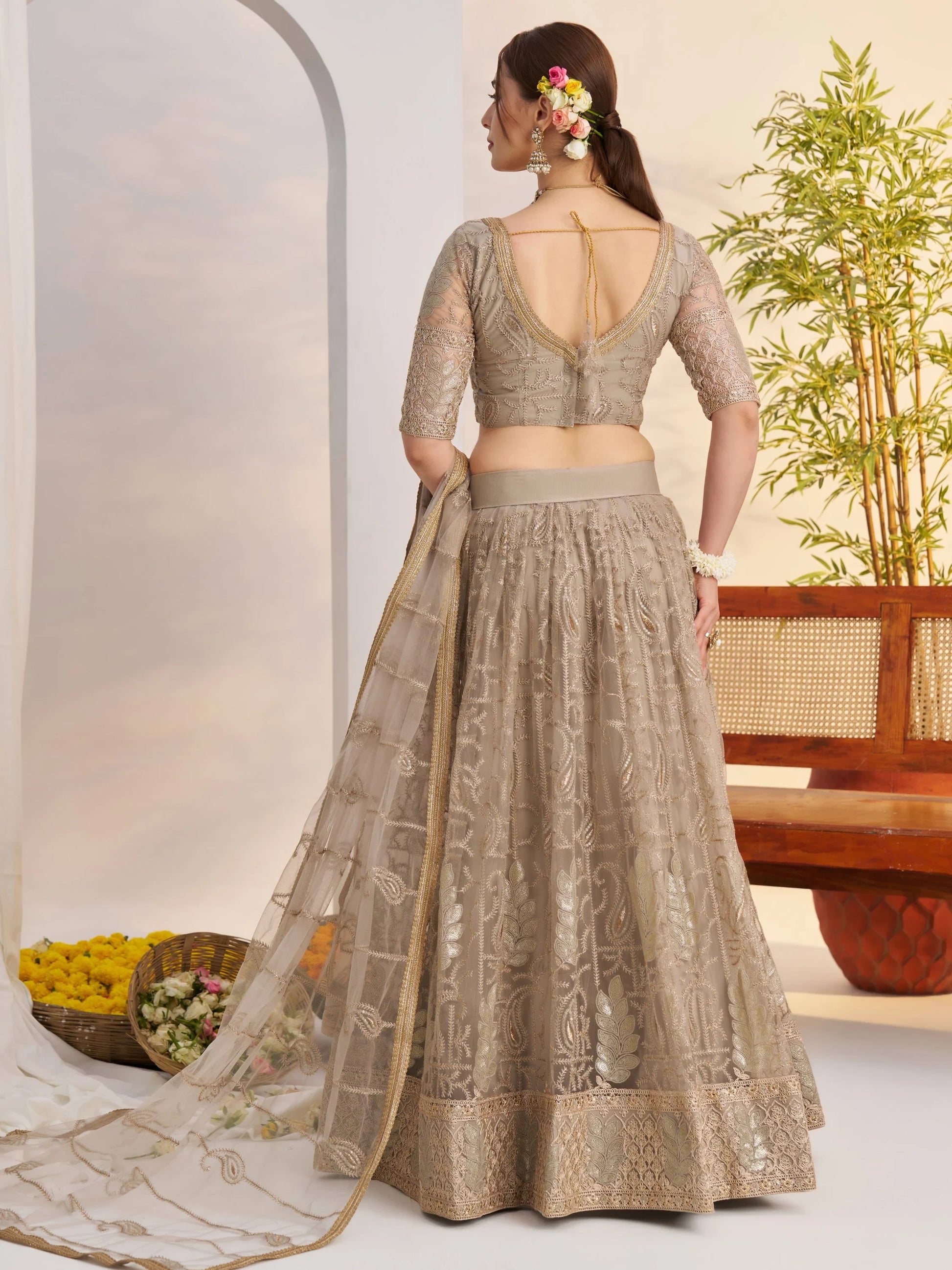Timeless Gray Thread Work Net Bridesmaid Lehenga Choli With Dupatta