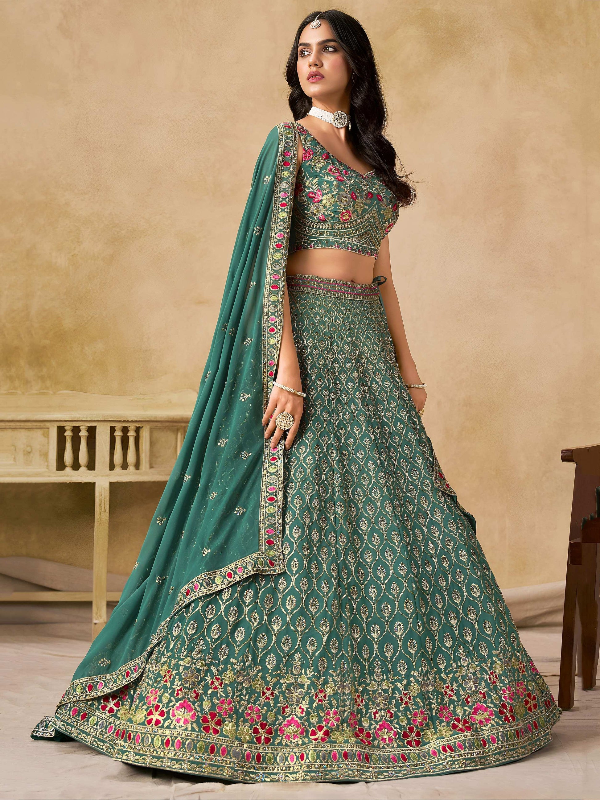 Timeless Green Floral Embroidery Georgette Event Wear Lehenga With Blouse