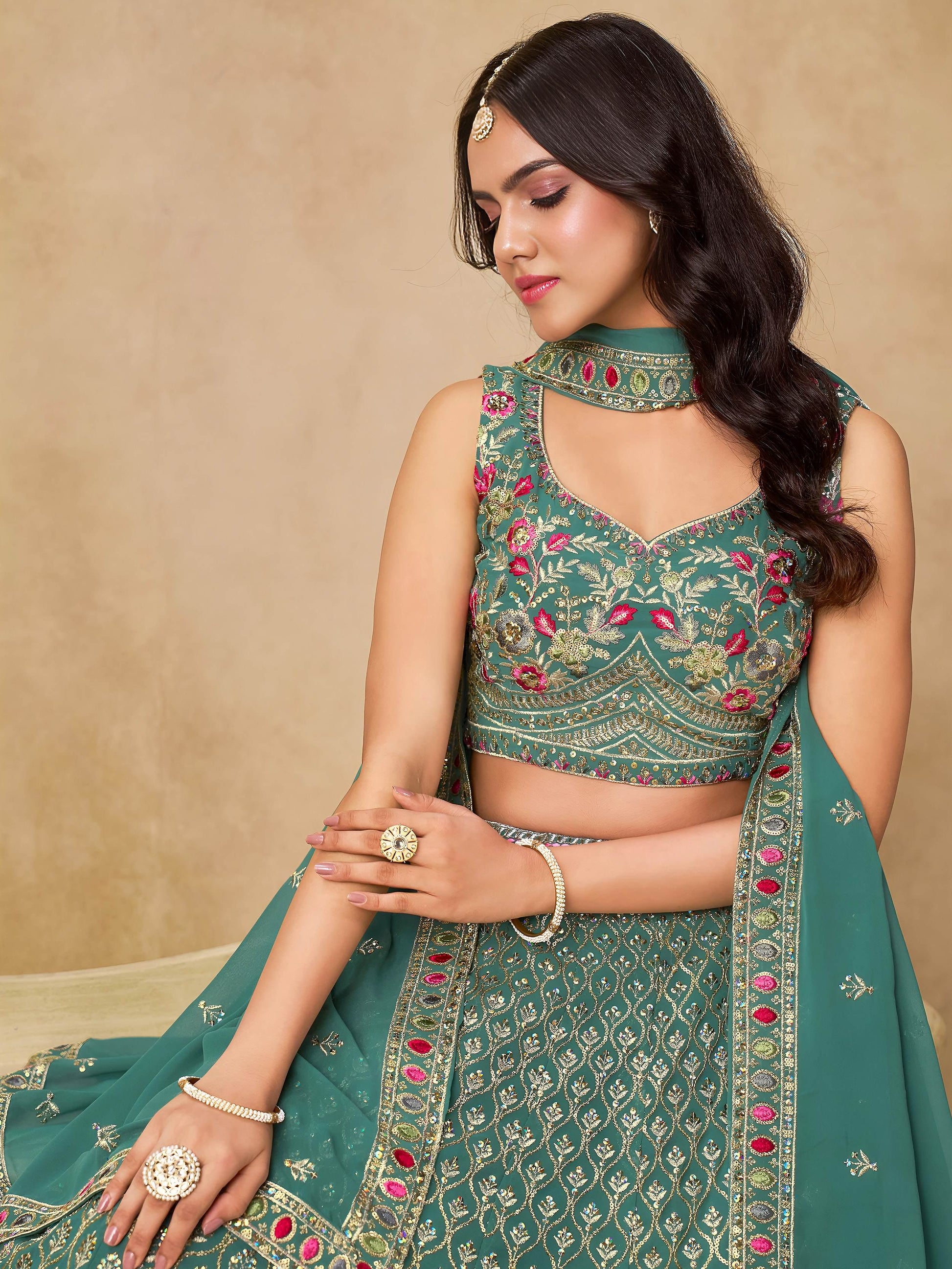 Timeless Green Floral Embroidery Georgette Event Wear Lehenga With Blouse