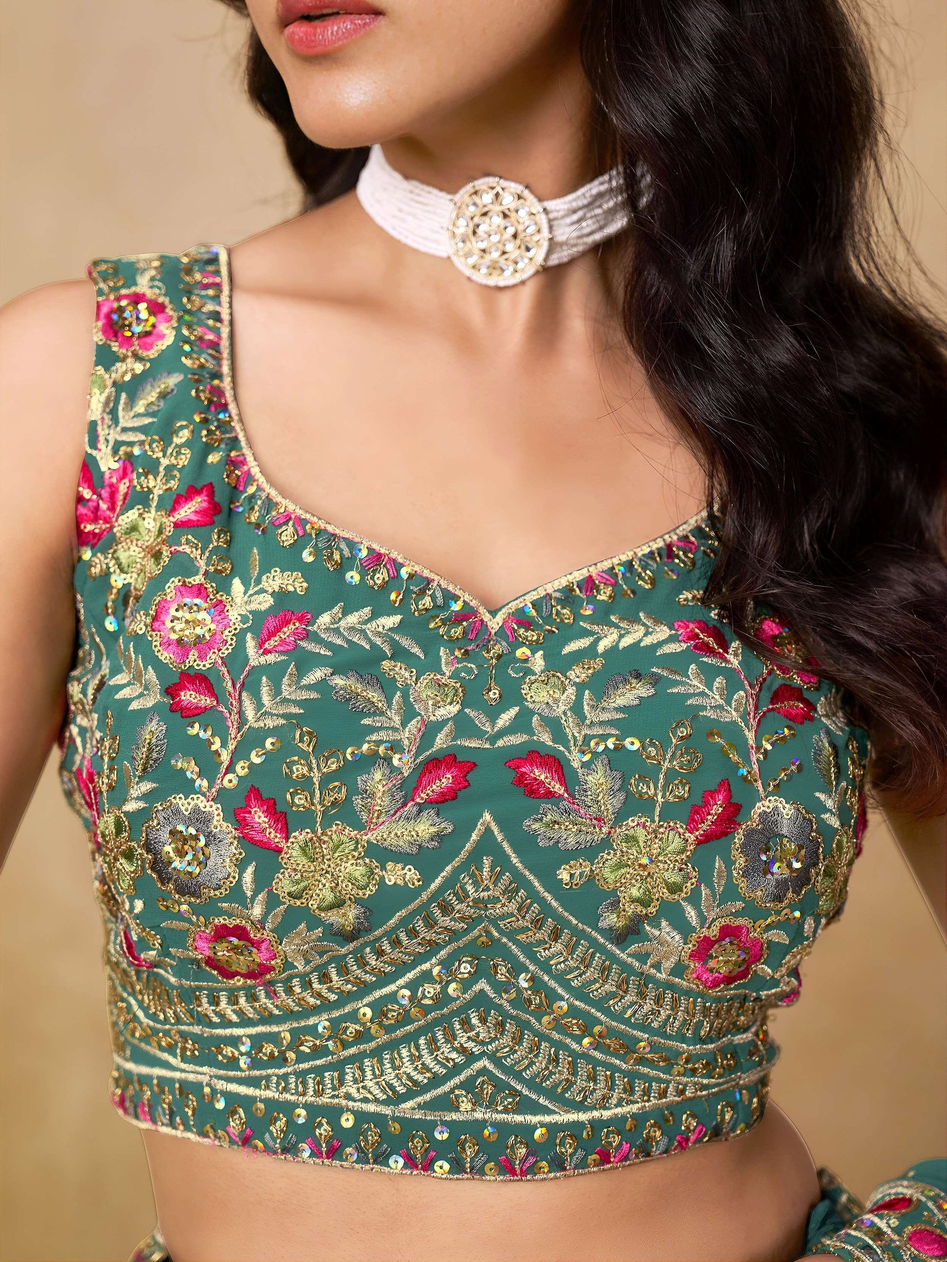 Timeless Green Floral Embroidery Georgette Event Wear Lehenga With Blouse