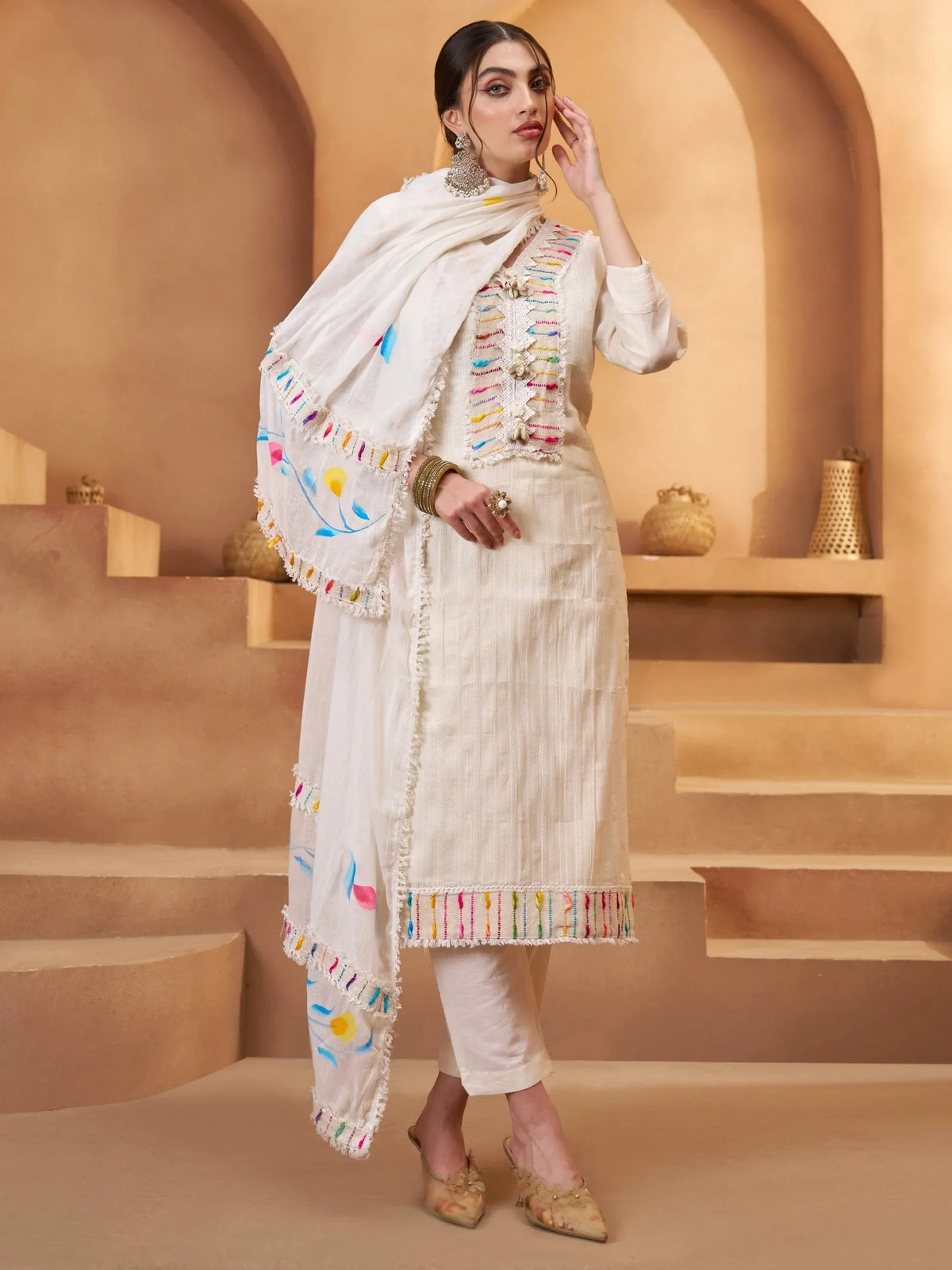 Timeless Off-White Joot Work Cotton Traditional Pant Suit With Dupatta - Zeel Clothing