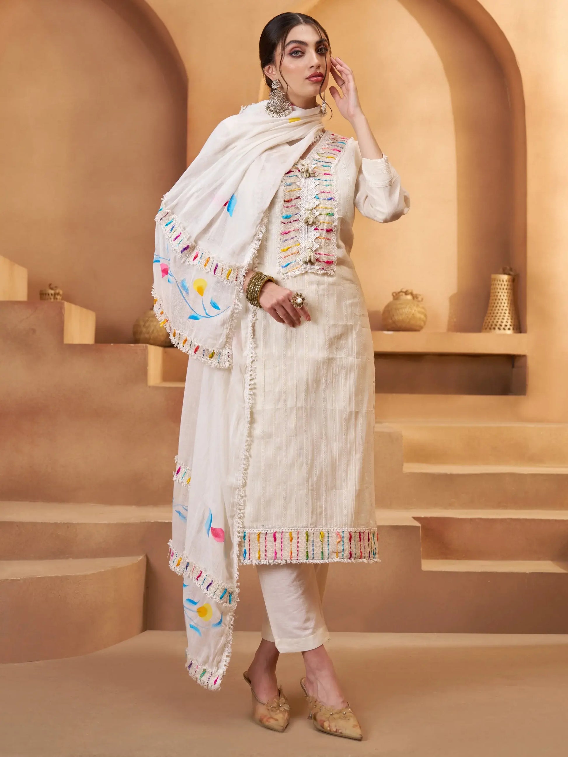 Timeless Off-White Joot Work Cotton Traditional Pant Suit With Dupatta - Zeel Clothing