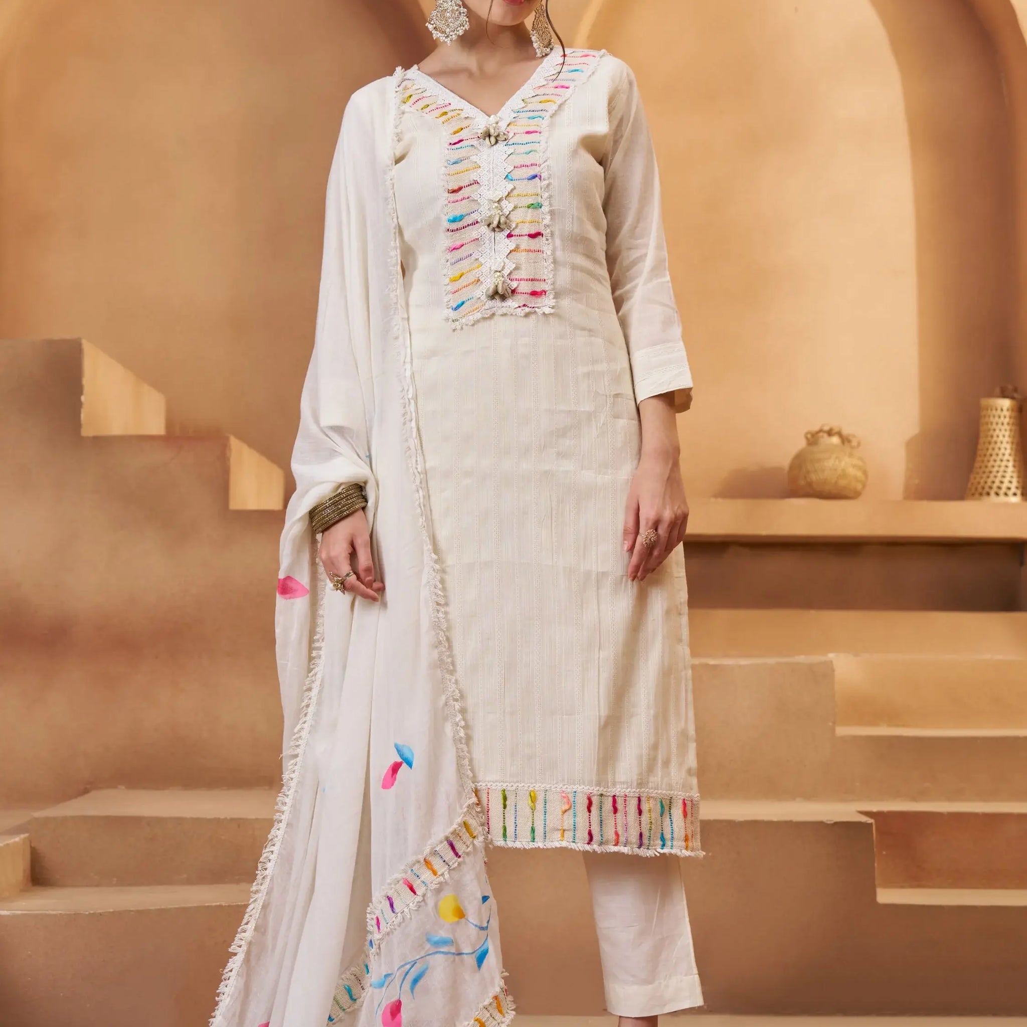 Timeless Off-White Joot Work Cotton Traditional Pant Suit With Dupatta - Zeel Clothing