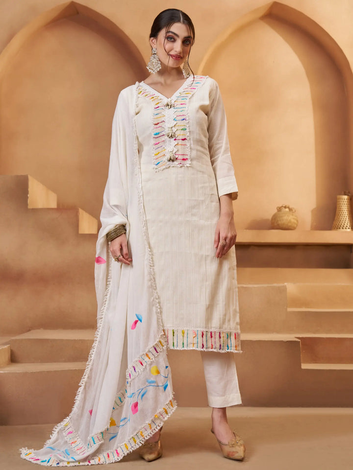 Timeless Off-White Joot Work Cotton Traditional Pant Suit With Dupatta - Zeel Clothing