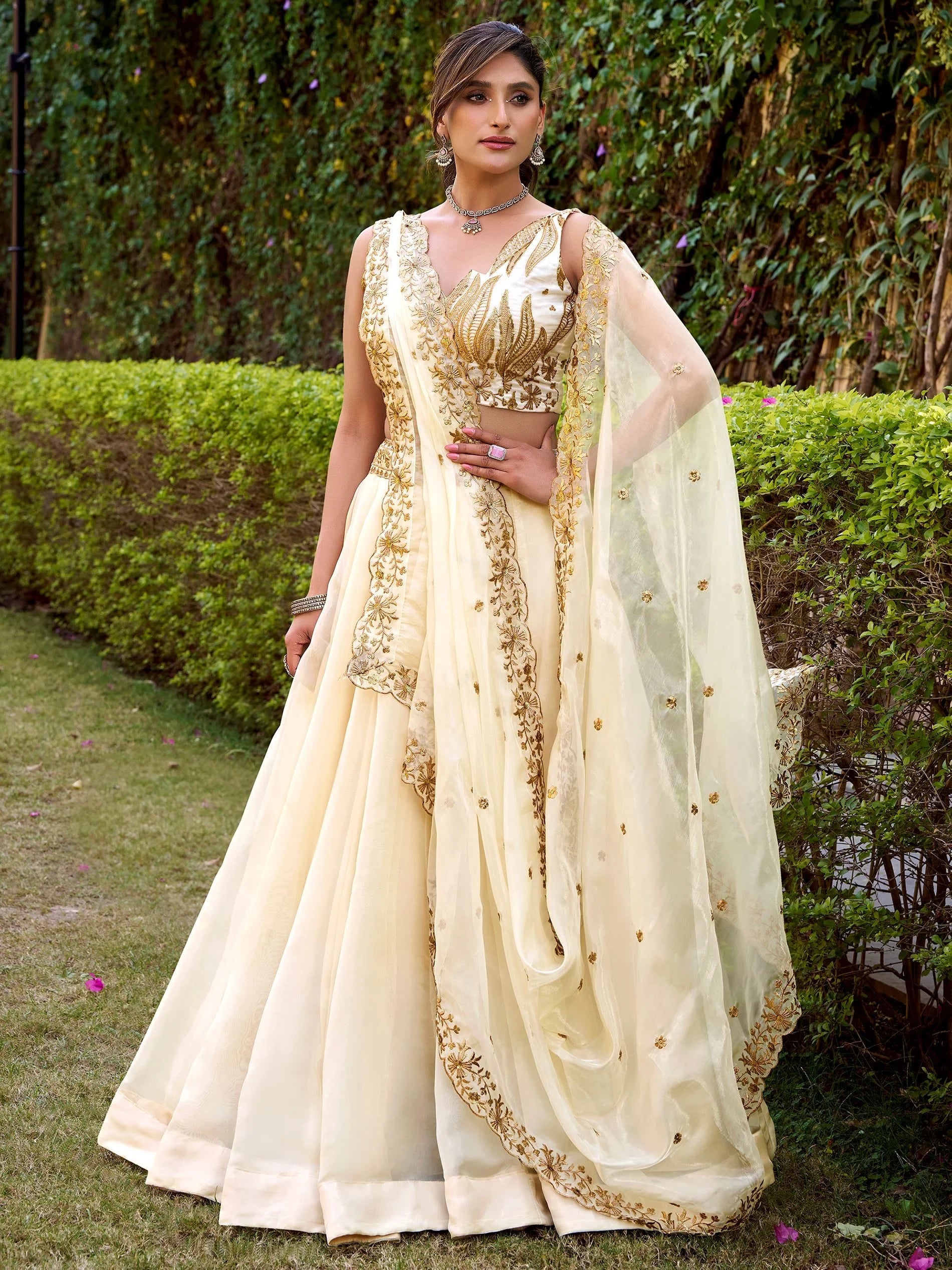Timeless Off-White Thread Embroidery Silk Event Wear Lehenga Choli