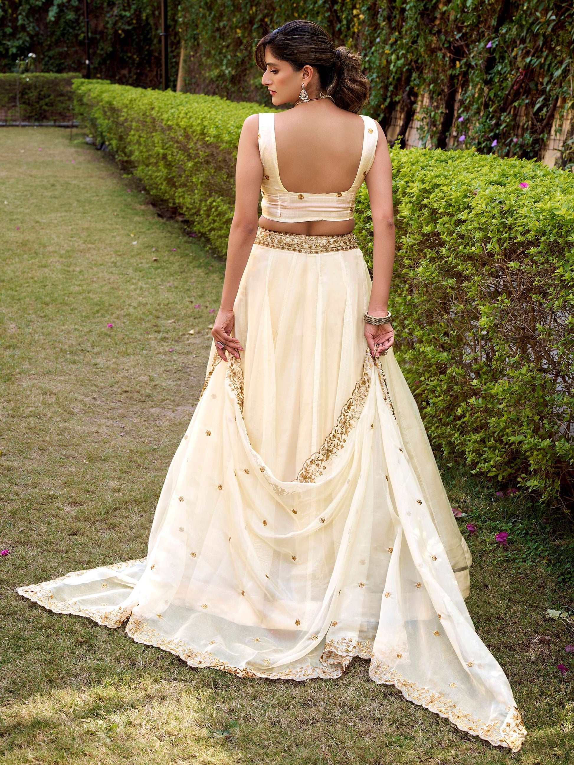 Timeless Off-White Thread Embroidery Silk Event Wear Lehenga Choli