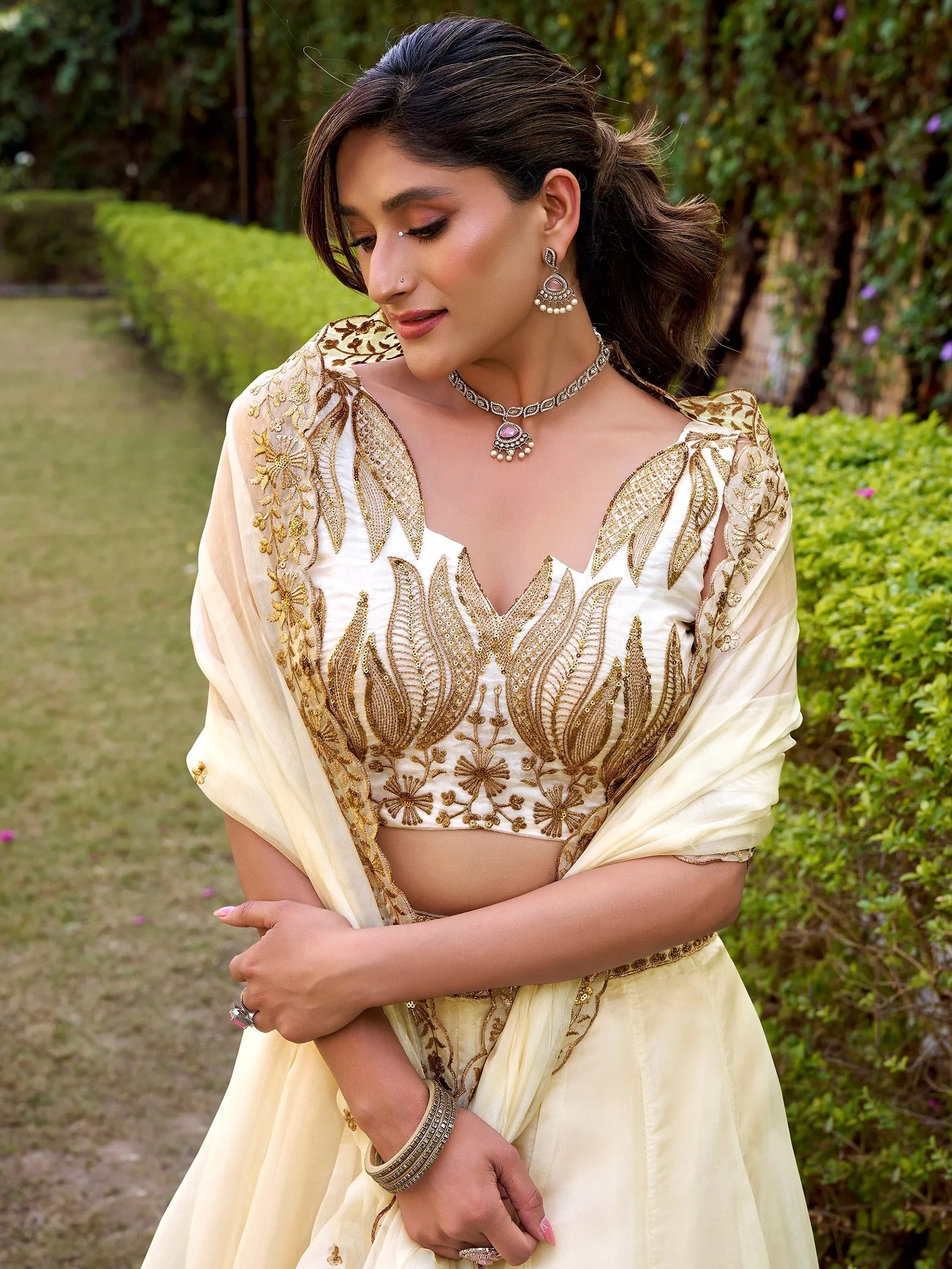 Timeless Off-White Thread Embroidery Silk Event Wear Lehenga Choli