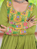 Timeless Parrot Green Kutchi Work Rayon Navratri Special Long Kurti - Zeel Clothing