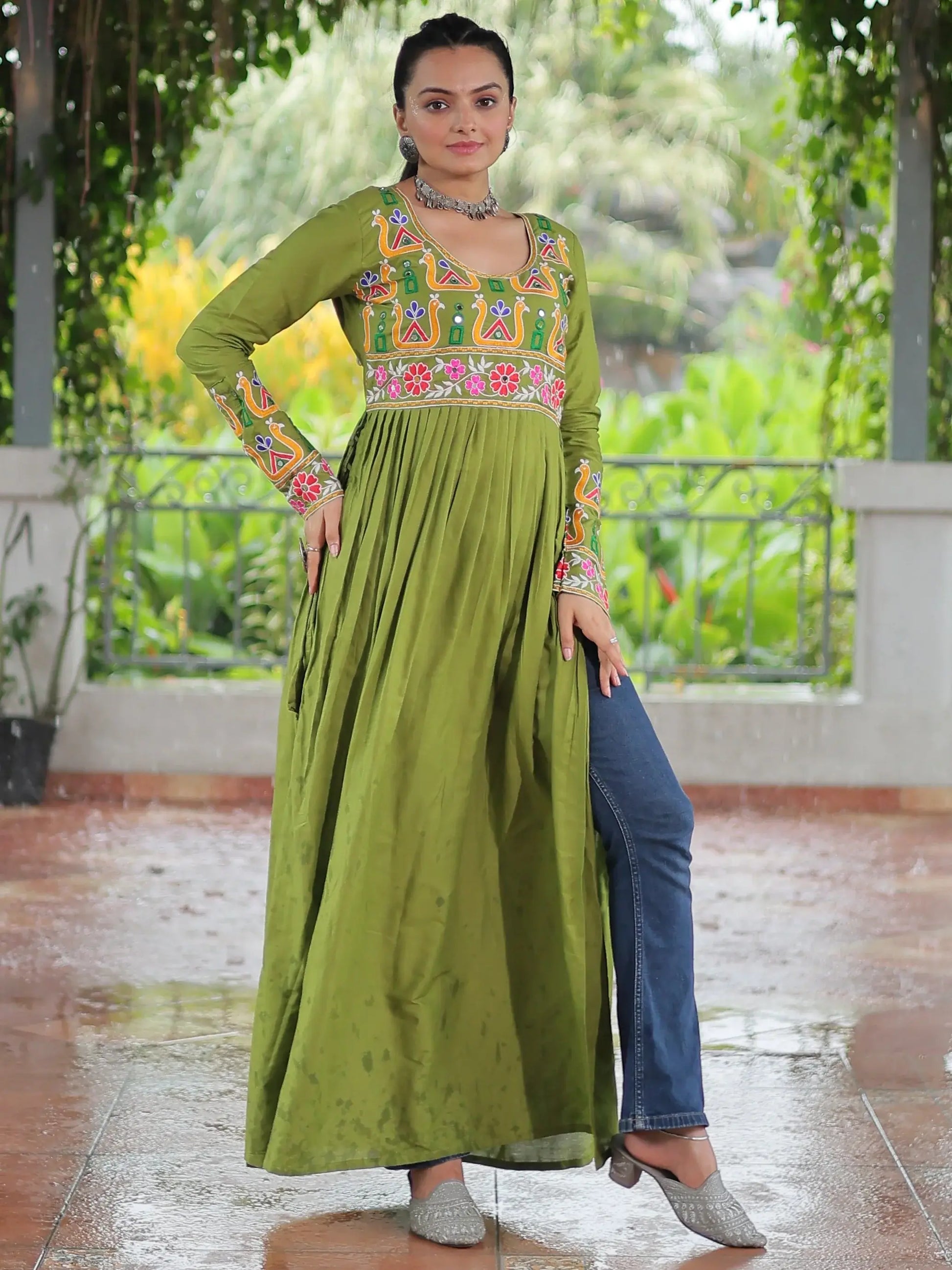 Timeless Parrot Green Kutchi Work Rayon Navratri Special Long Kurti - Zeel Clothing