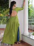Timeless Parrot Green Kutchi Work Rayon Navratri Special Long Kurti - Zeel Clothing