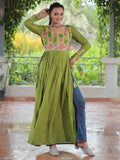 Timeless Parrot Green Kutchi Work Rayon Navratri Special Long Kurti - Zeel Clothing