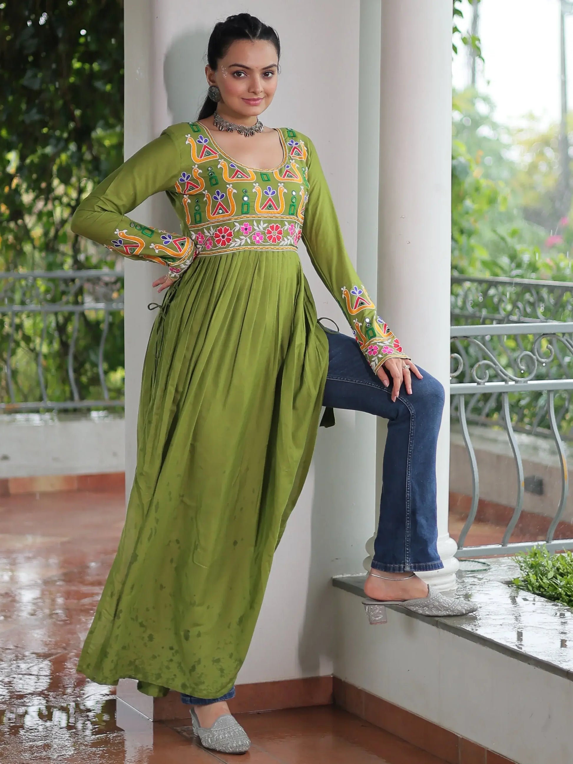 Timeless Parrot Green Kutchi Work Rayon Navratri Special Long Kurti - Zeel Clothing