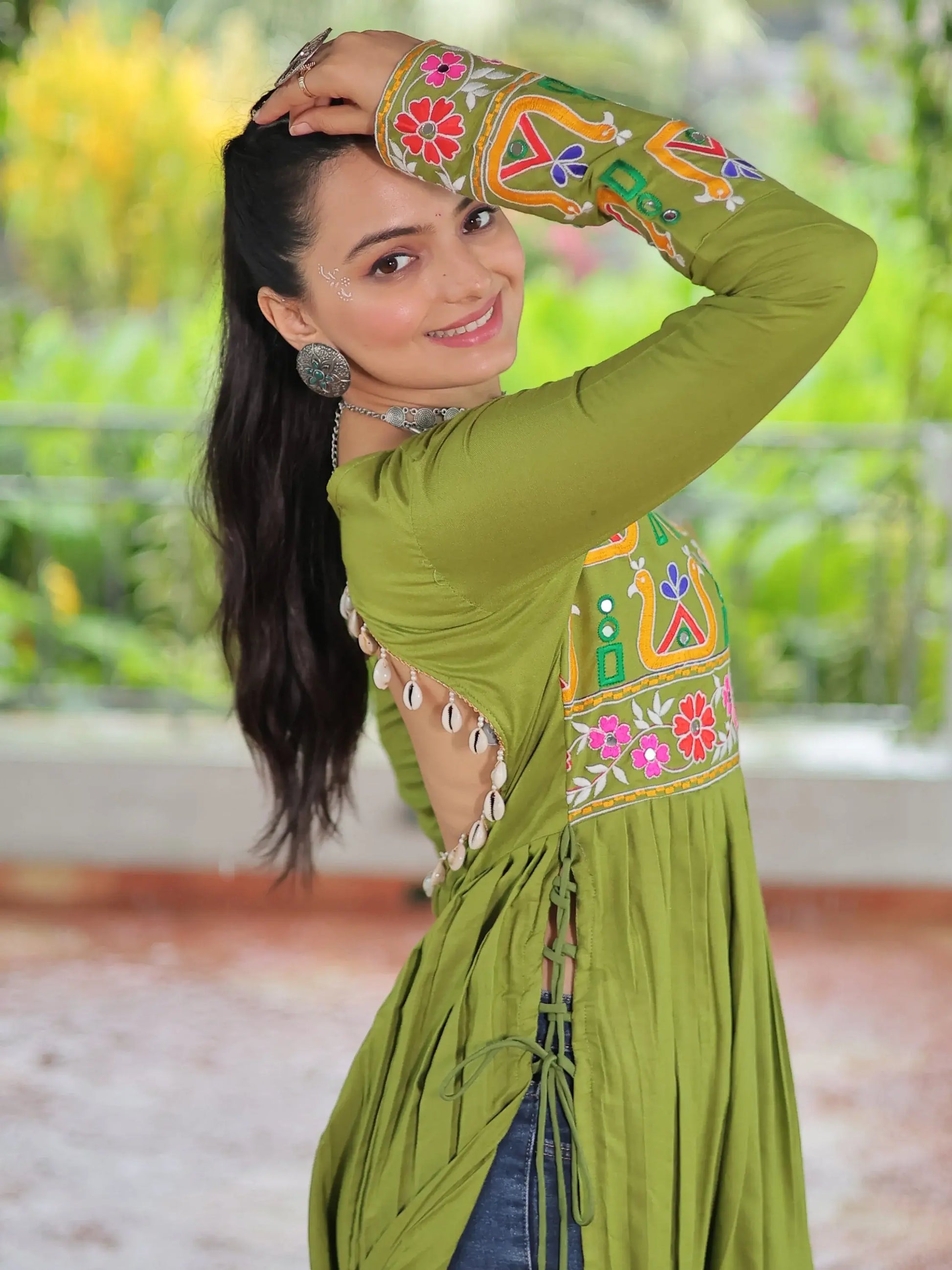 Timeless Parrot Green Kutchi Work Rayon Navratri Special Long Kurti - Zeel Clothing