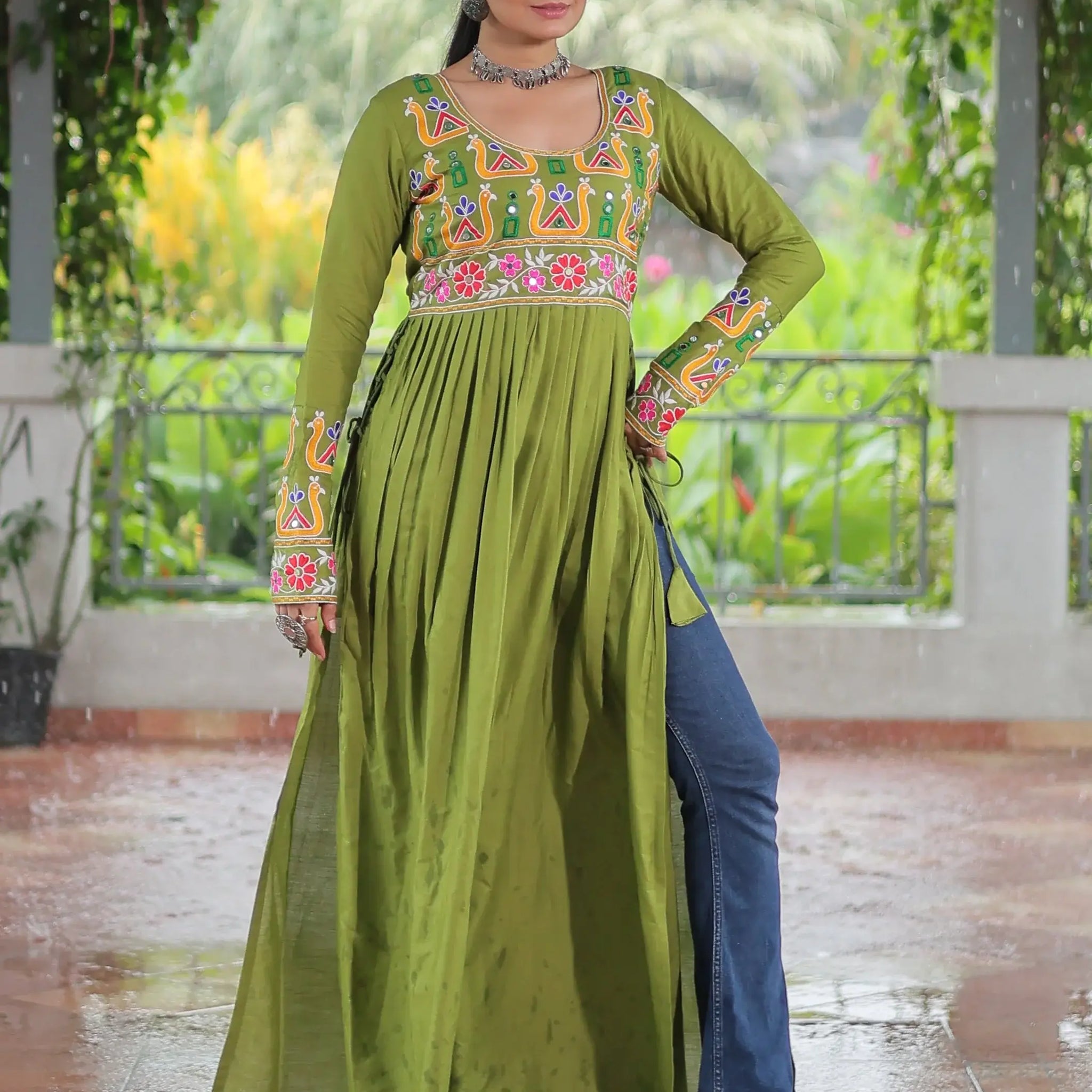 Timeless Parrot Green Kutchi Work Rayon Navratri Special Long Kurti - Zeel Clothing