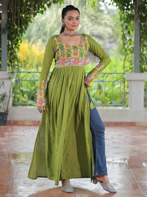 Timeless Parrot Green Kutchi Work Rayon Navratri Special Long Kurti - Zeel Clothing